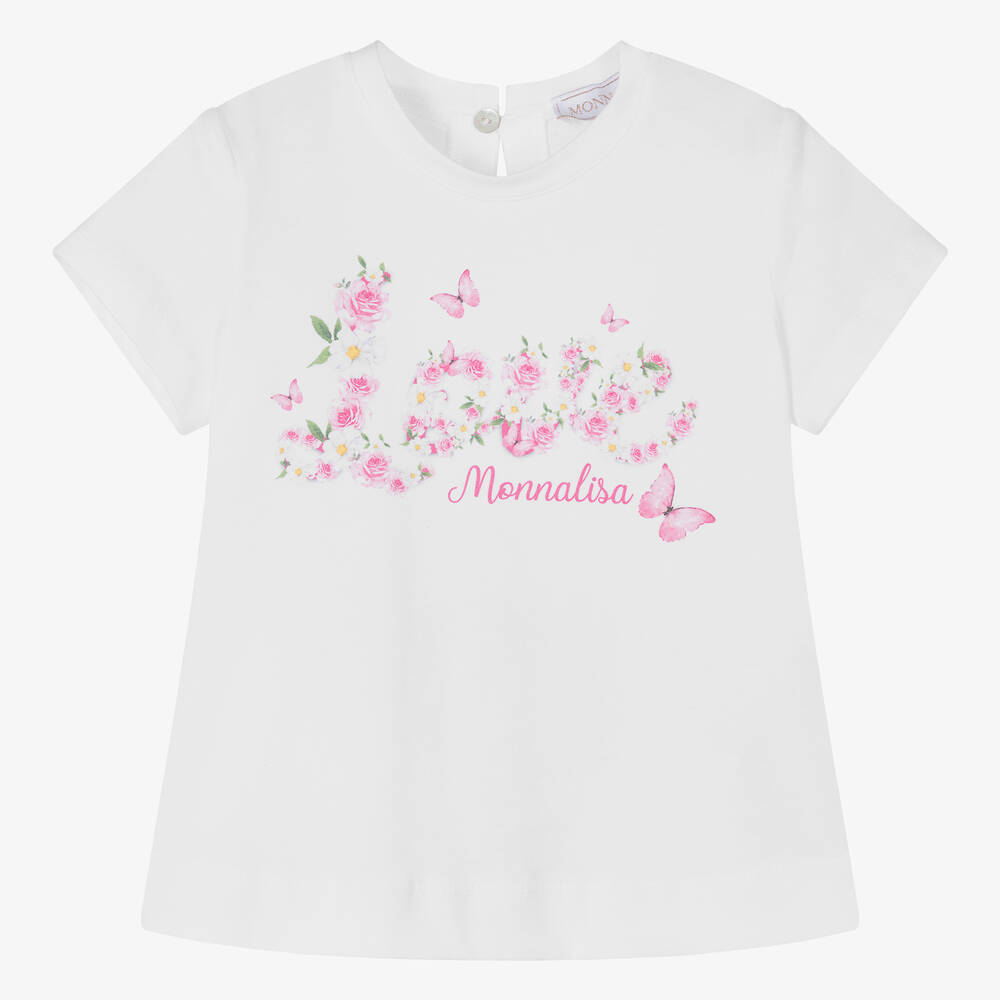 Monnalisa - Белая хлопковая футболка с цветами для девочек | Childrensalon