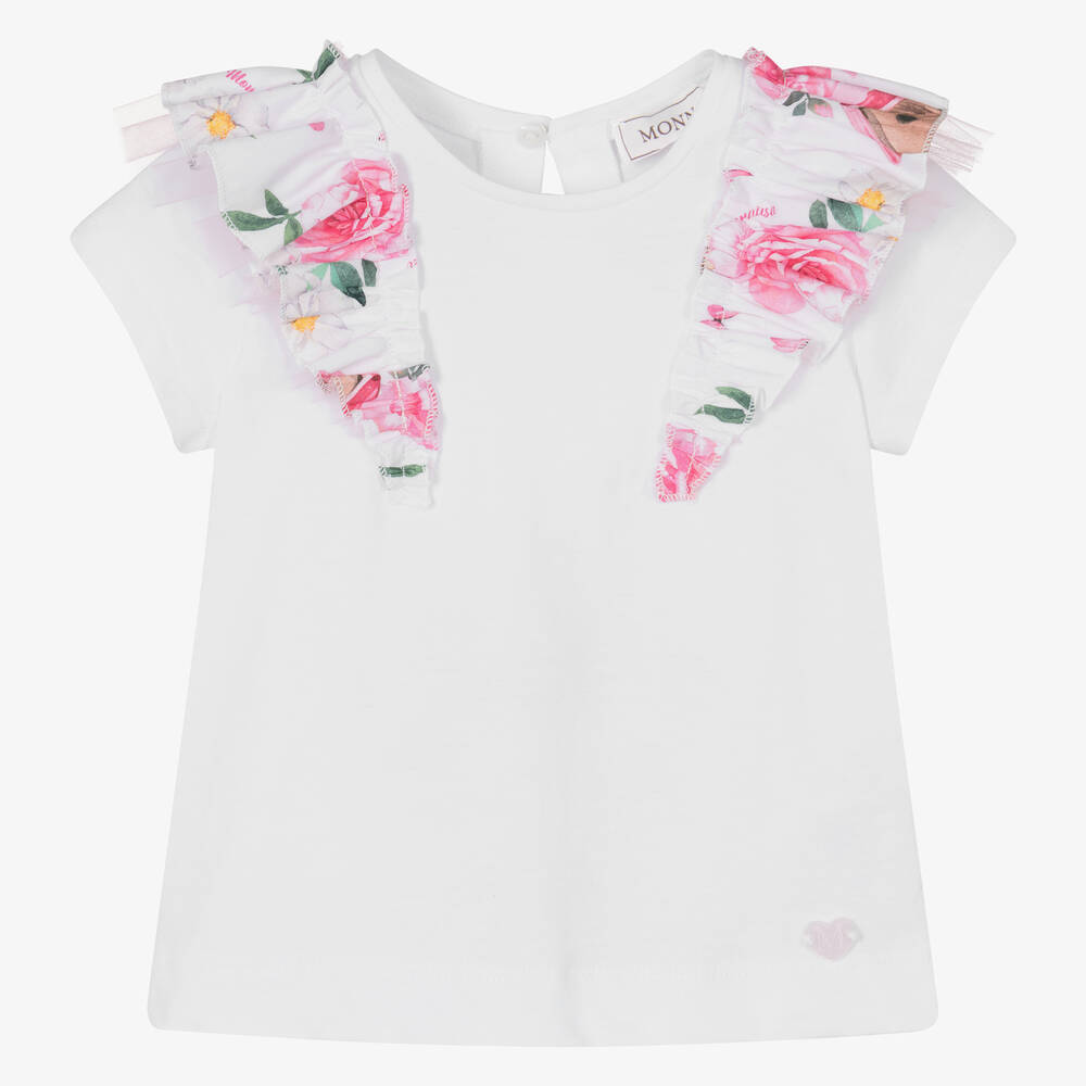 Monnalisa - Белая хлопковая футболка с рюшами с цветами для девочек | Childrensalon