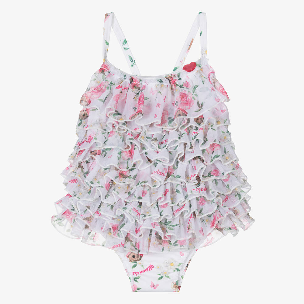 Monnalisa - Girls White Floral Ruffle Tulle Swimsuit | Childrensalon