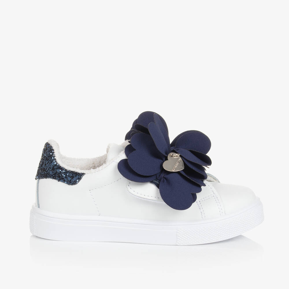 Monnalisa Kids' Girls White Flower Leather Trainers In Blue