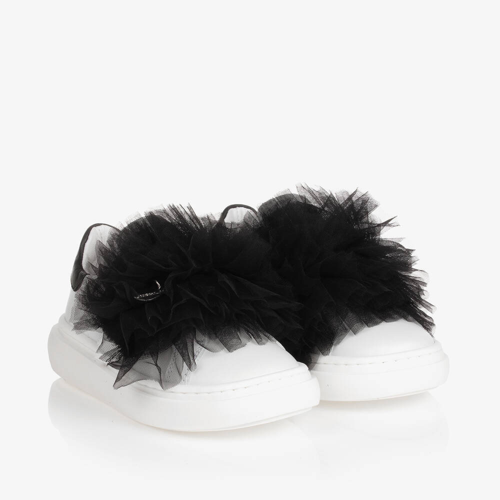 Monnalisa - Белые кожаные кроссовки с черной отделкой из тюля для девочек | Childrensalon