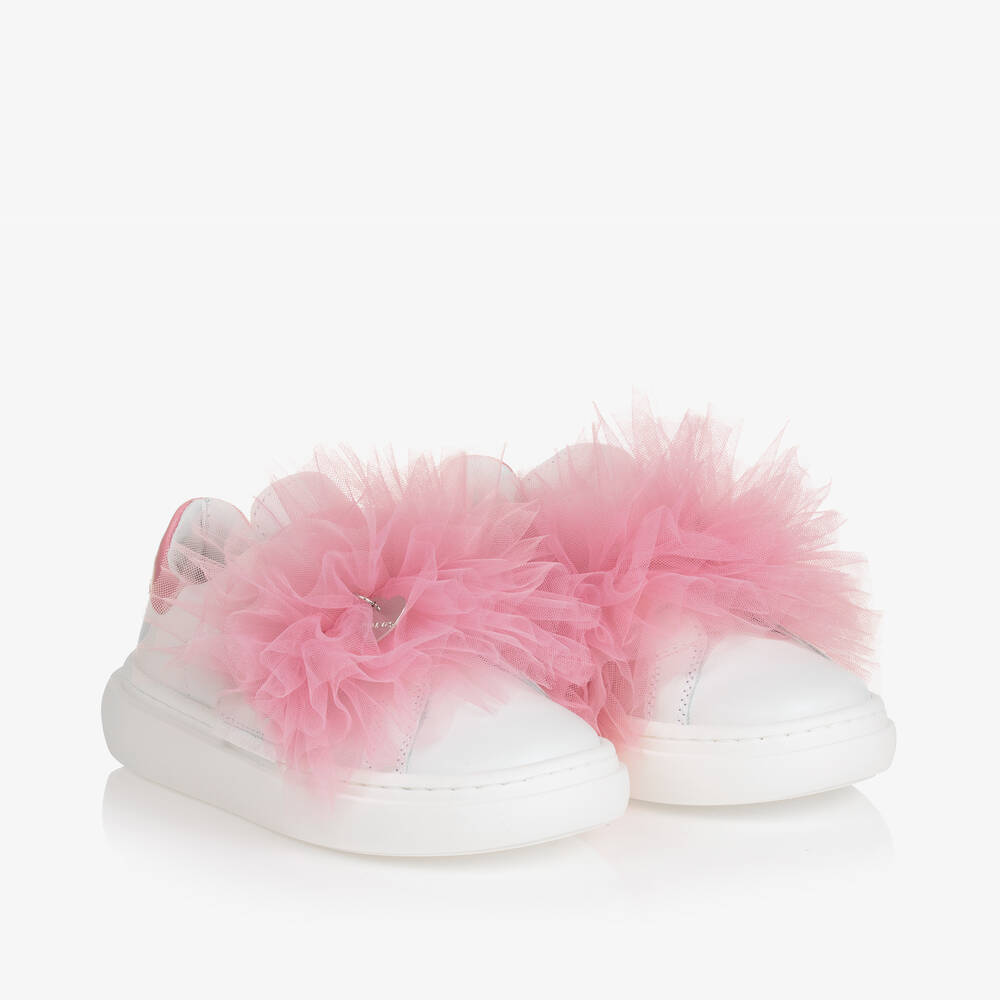 Monnalisa - Белые кожаные кроссовки с розовой отделкой из тюля для девочек | Childrensalon