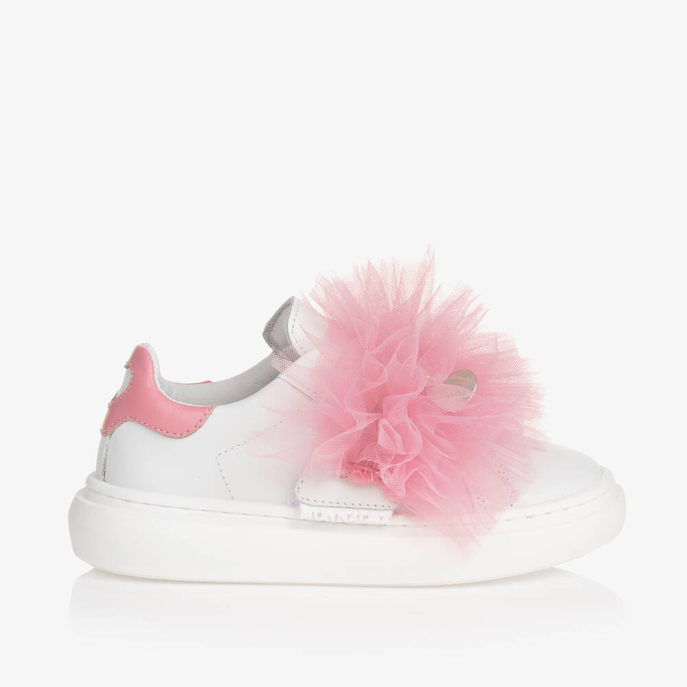 Shop Monnalisa Girls White Leather & Pink Tulle Trainers