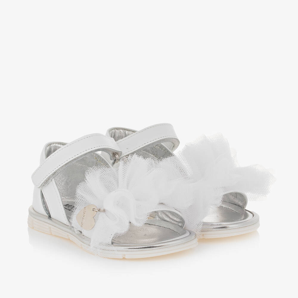 Monnalisa - Girls White Leather & Tulle Frill Sandals | Childrensalon