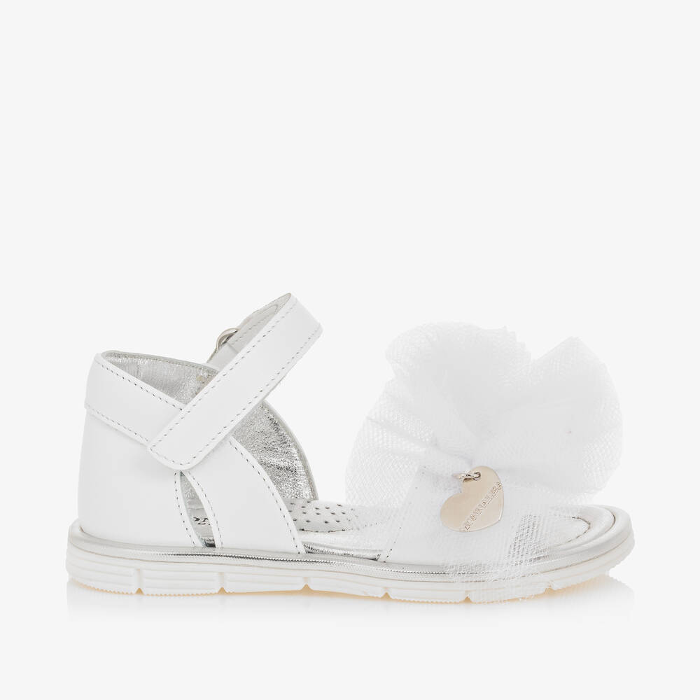 Shop Monnalisa Girls White Leather & Tulle Frill Sandals