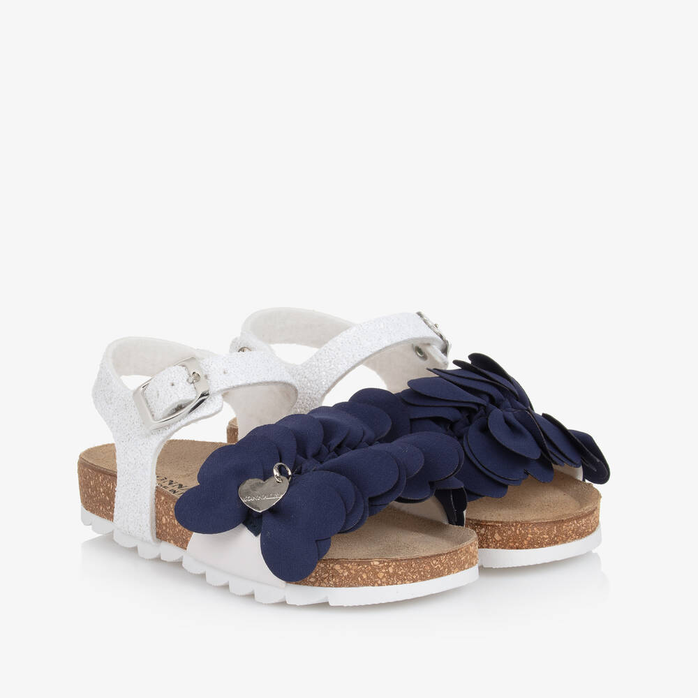 Monnalisa - Girls White & Navy Blue Flower Sandals | Childrensalon