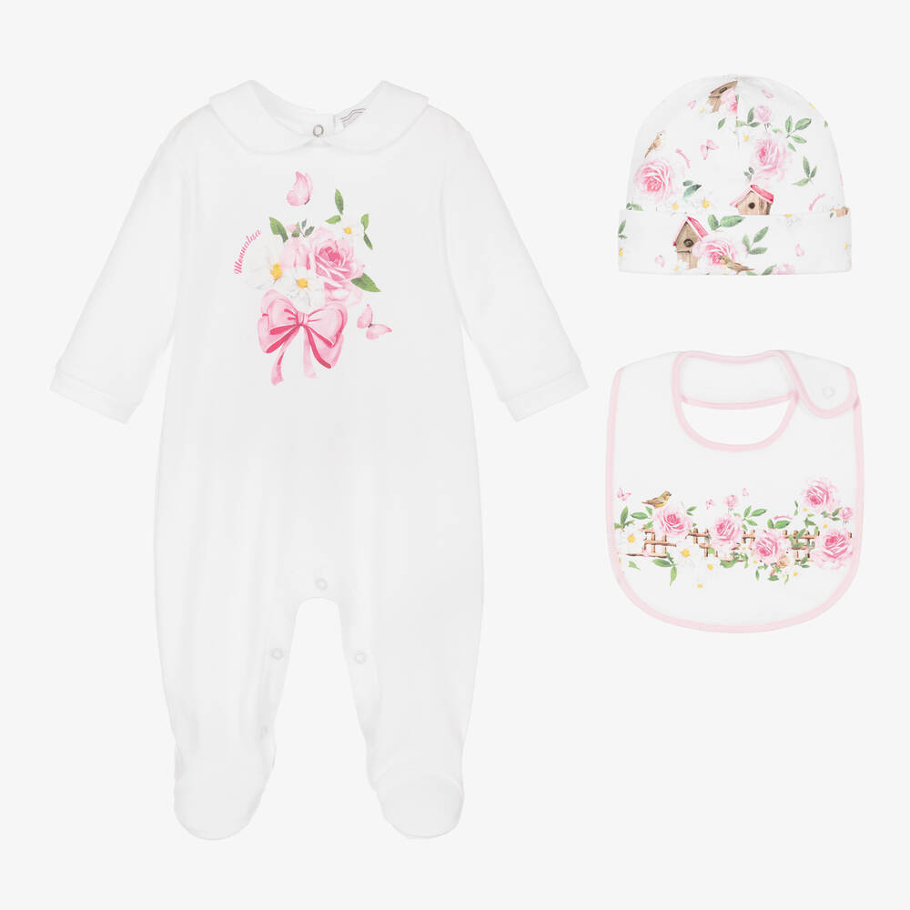 Monnalisa - Girls White & Pink Cotton Babygrow Set | Childrensalon