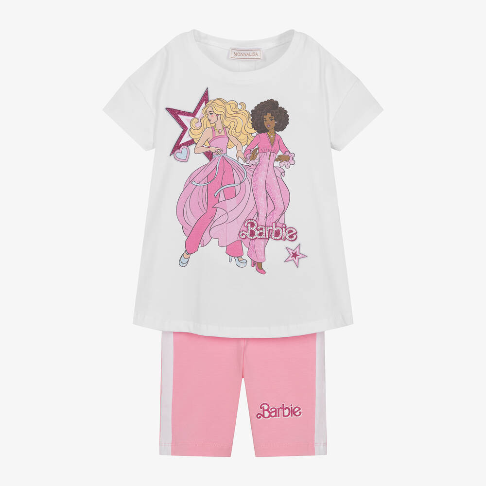 Monnalisa - Girls White & Pink Cotton Barbie Shorts Set | Childrensalon
