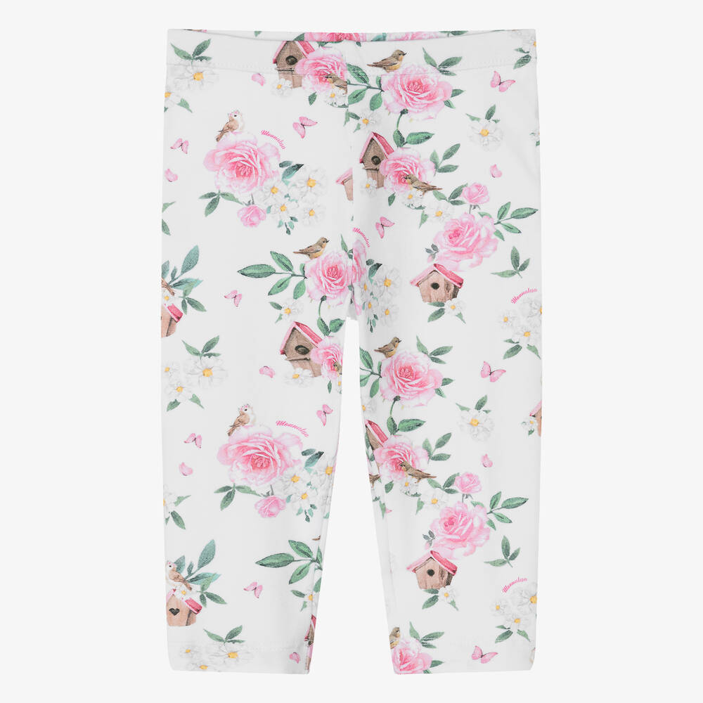Shop Monnalisa Girls White & Pink Floral Cotton Leggings