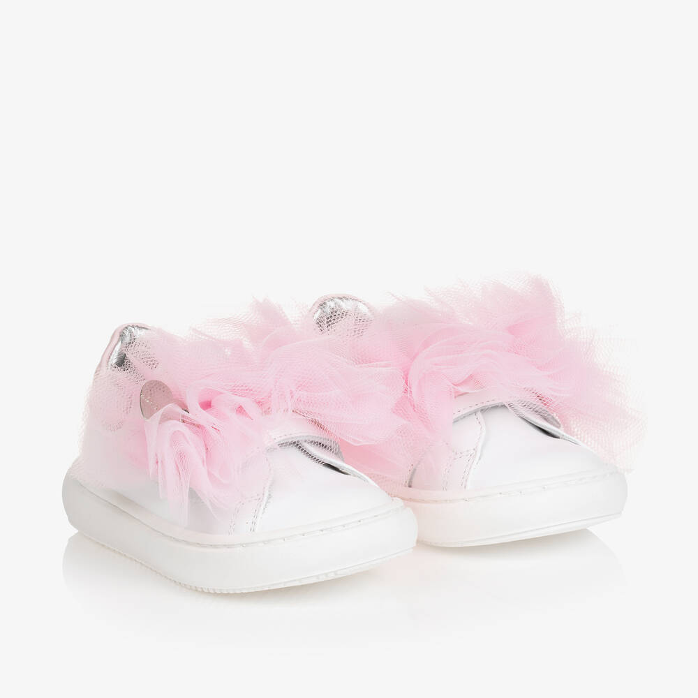 Monnalisa - Белые кроссовки с розовыми рюшами для девочек | Childrensalon