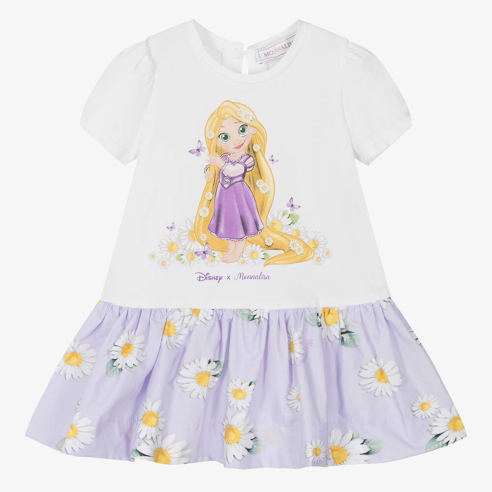 Monnalisa - فستان بطبعة ديزني قطن جيرسي لون أبيض وأرجواني | Childrensalon