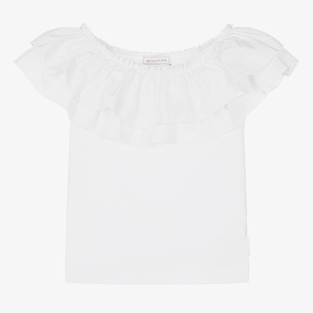 Monnalisa - Girls White Ruffle Cotton T-Shirt | Childrensalon