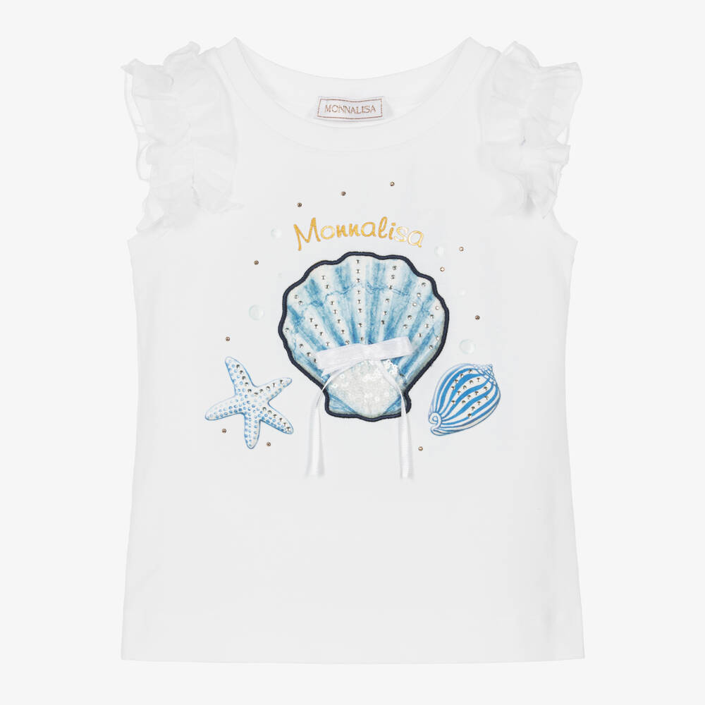 Monnalisa - Girls White Sea Shell Cotton T-Shirt | Childrensalon