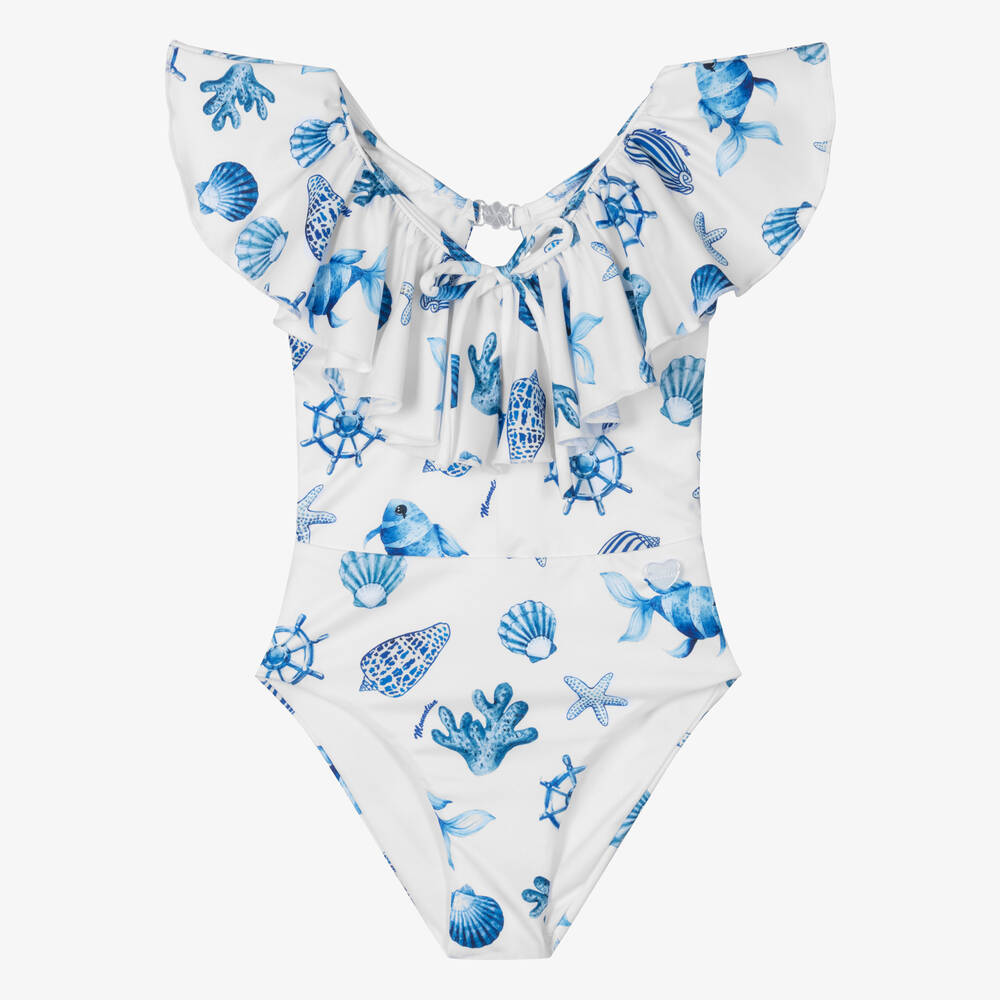 Monnalisa - Girls White Shell Print Swimsuit | Childrensalon