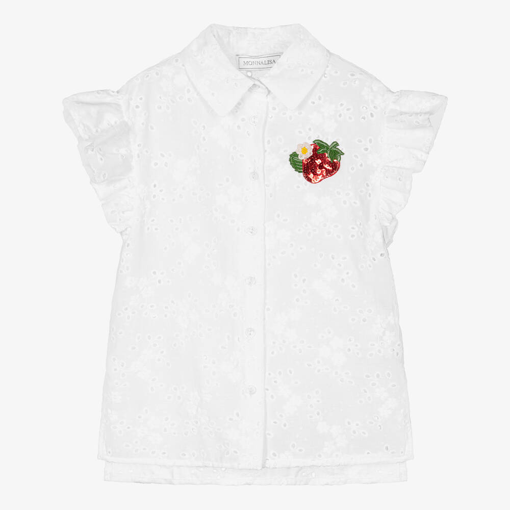 Shop Monnalisa Girls White Strawberry Embroidered Blouse