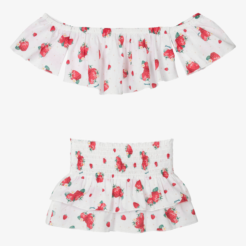 Shop Monnalisa Girls White Strawberry Print Skirt Set
