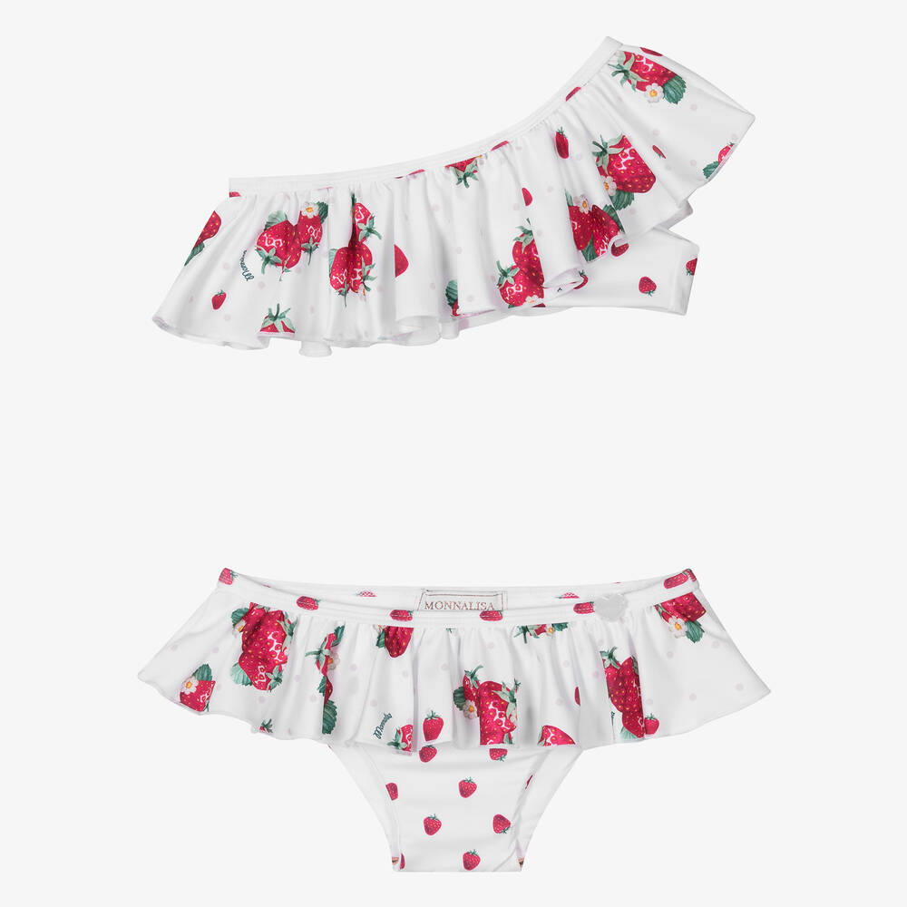 Monnalisa - Girls White Strawberry Ruffle Bikini | Childrensalon