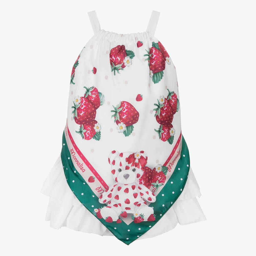 Monnalisa - Girls White Strawberry Satin Scarf Dress | Childrensalon
