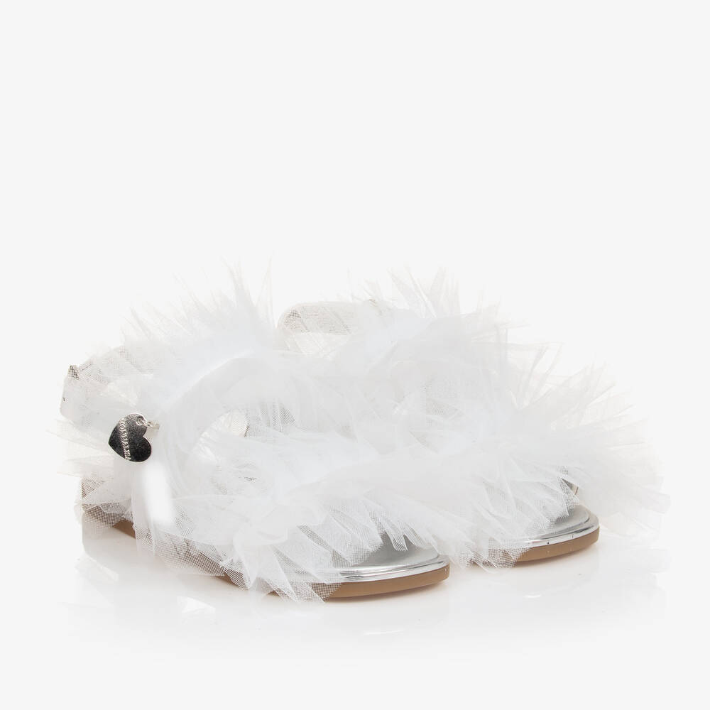 Monnalisa - Girls White Tulle Ruffle Sandals | Childrensalon
