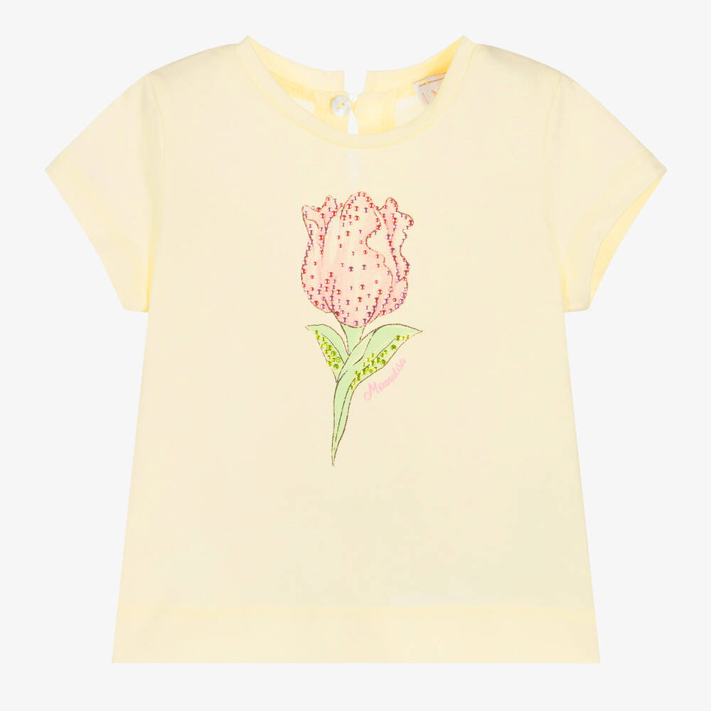 Monnalisa - Желтая хлопковая футболка с тюльпаном из стразов | Childrensalon