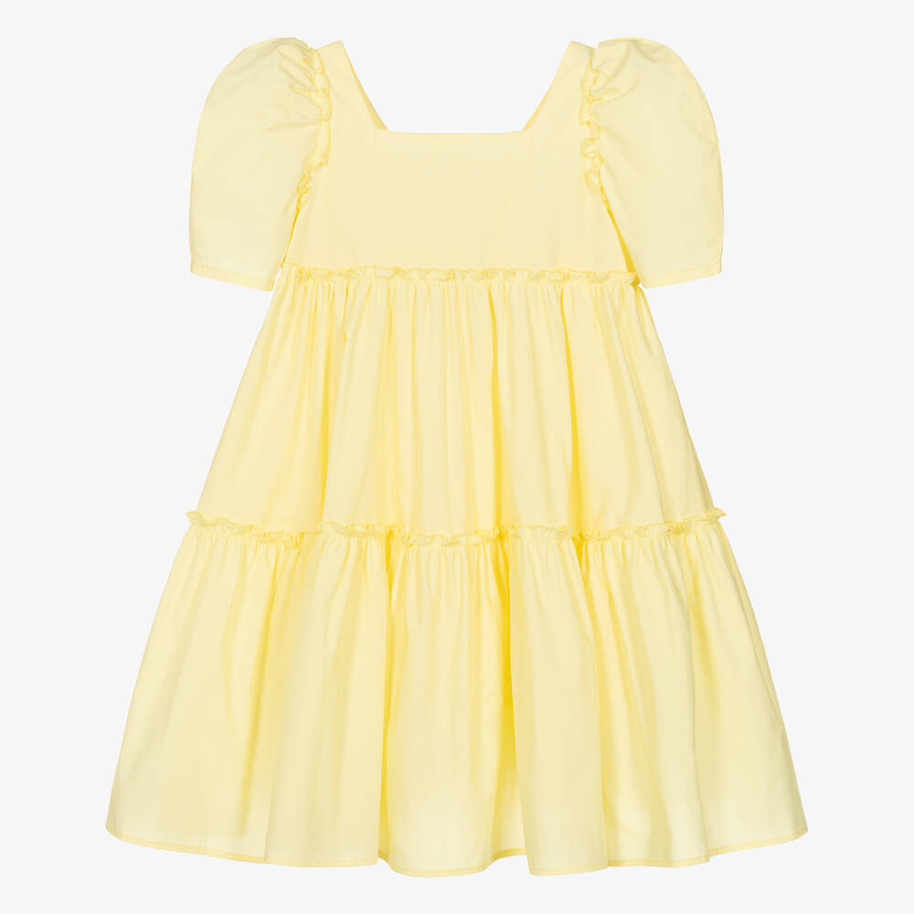 Monnalisa - Girls Yellow Cotton Tiered Dress | Childrensalon
