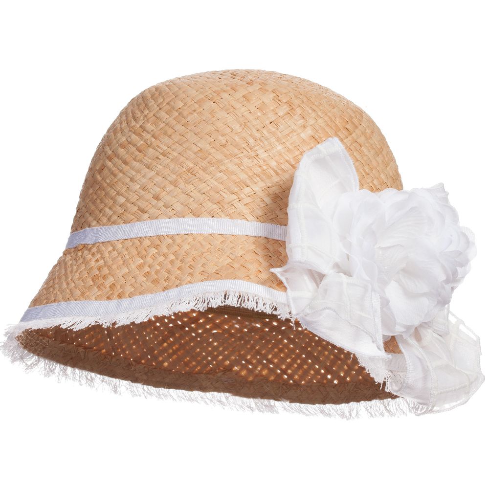 Monnalisa Chic - قبعة من القش العضوي مع بروس أبيض زهري | Childrensalon