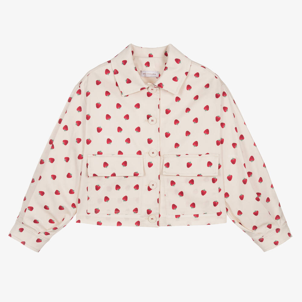 Monnalisa - قميص جاكيت بطبعة الفراولة قطن جاباردين لون بيج للفتيات | Childrensalon