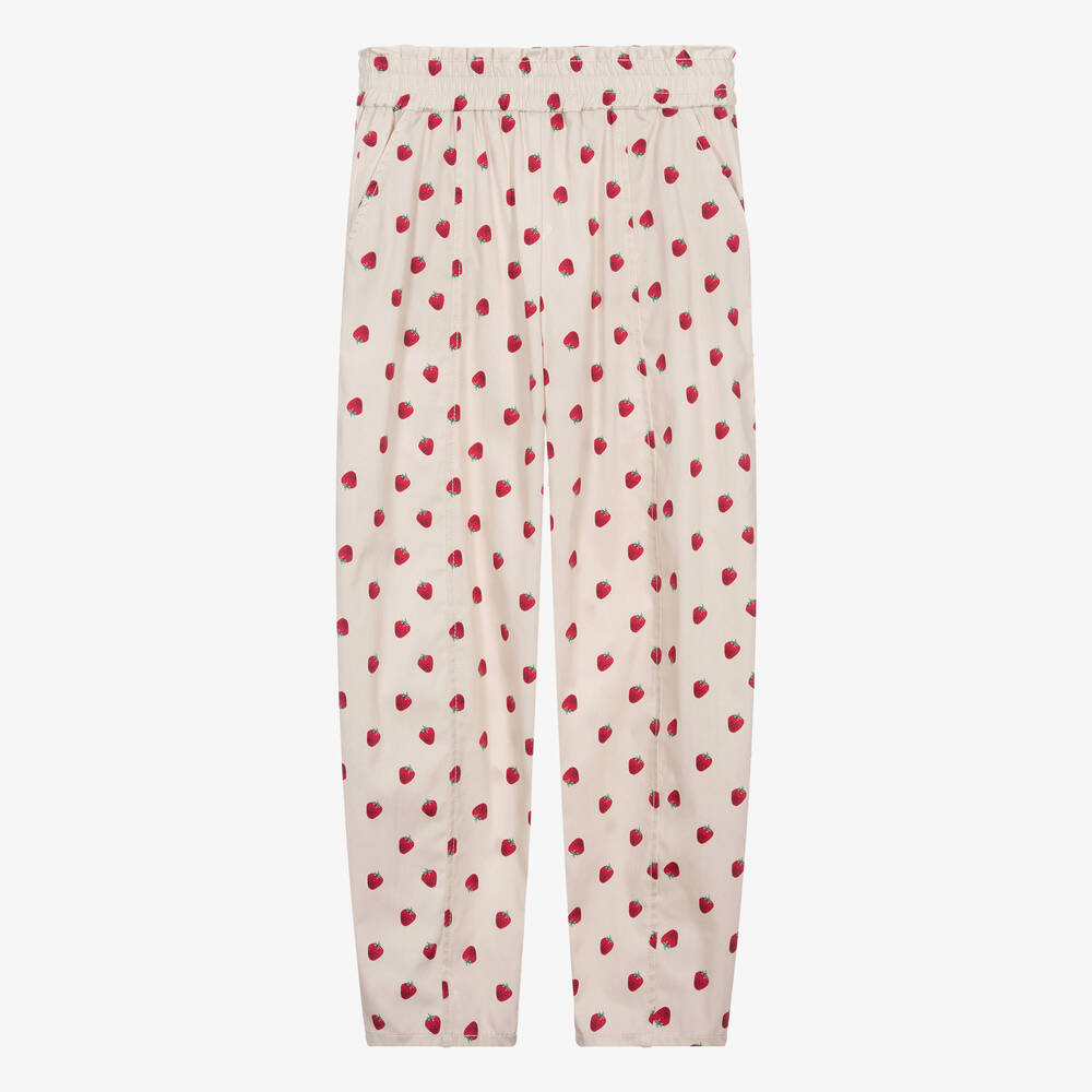 Monnalisa - Teen Girls Beige Strawberry Cotton Trousers | Childrensalon