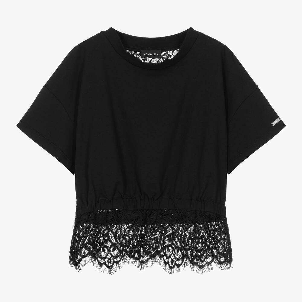 Monnalisa - Teen Girls Black Jersey & Lace T-Shirt | Childrensalon