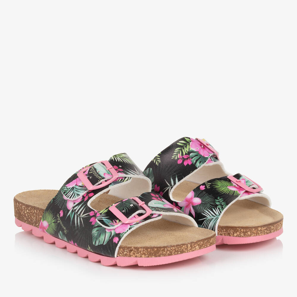 Monnalisa - Teen Girls Black & Pink Floral Sandals | Childrensalon