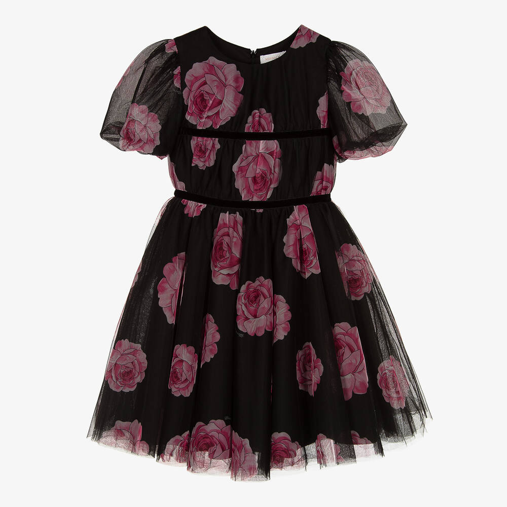 Monnalisa Chic - Teen Girls Black & Pink Rose Tulle Dress | Childrensalon