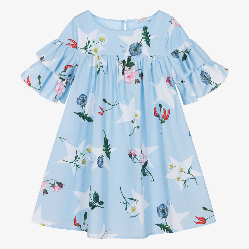 Monnalisa - Голубое хлопковое платье с цветами для подростков | Childrensalon