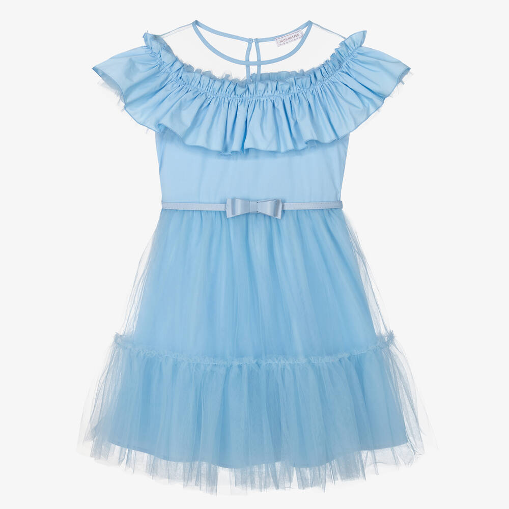 Monnalisa Chic - Teen Girls Blue Cotton & Tulle Ruffle Dress | Childrensalon