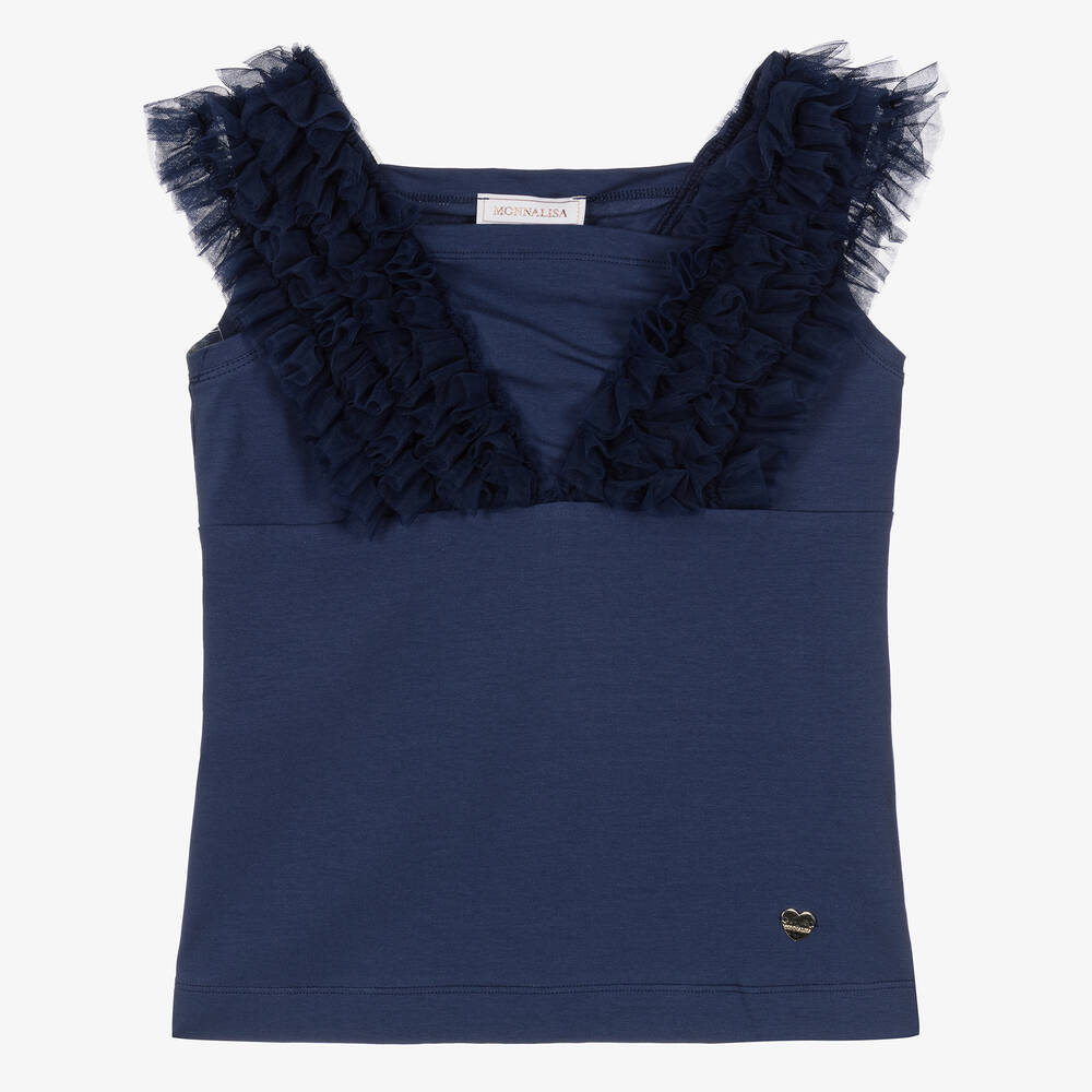 Shop Monnalisa Teen Girls Blue Cotton & Tulle Ruffle T-shirt