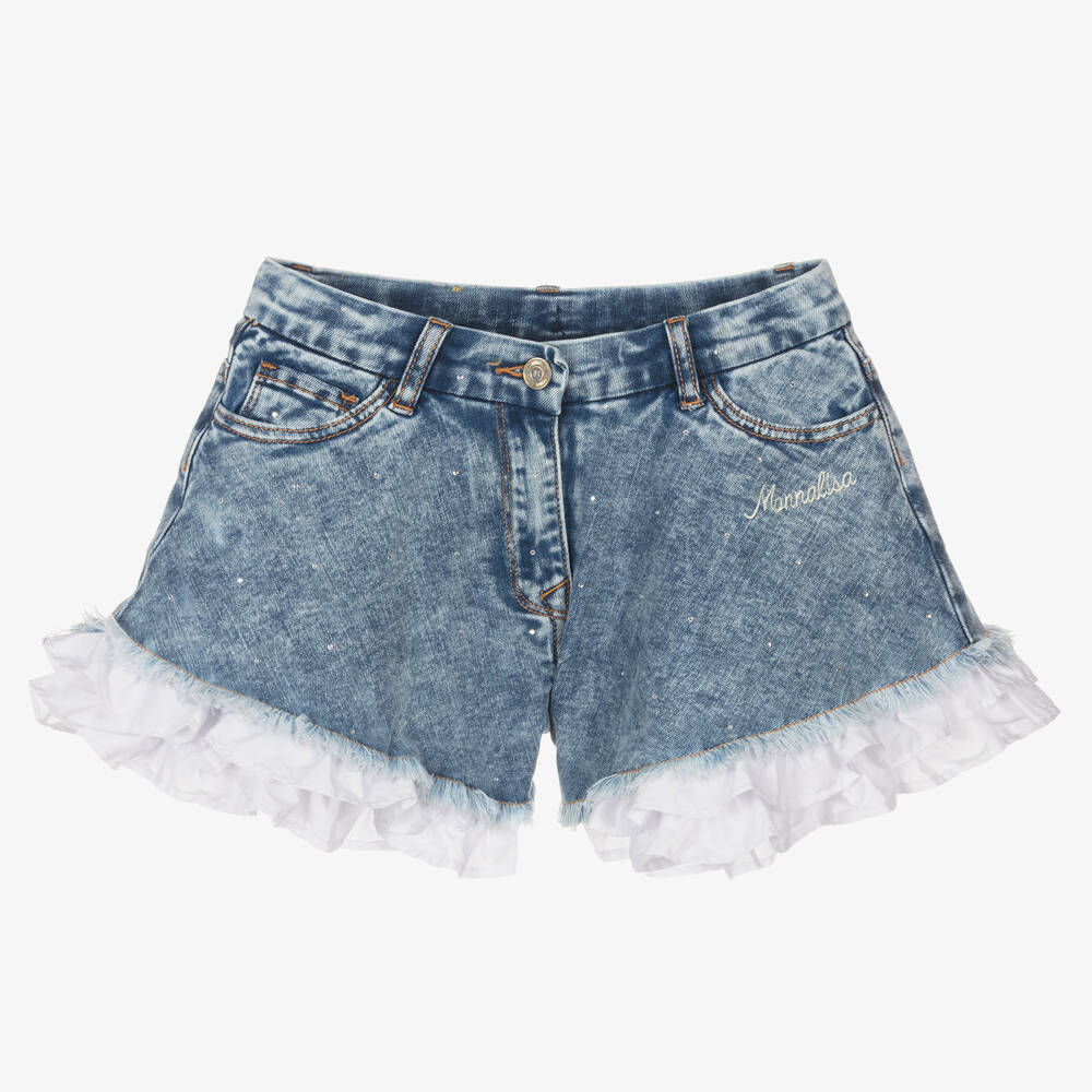 Monnalisa - Teen Girls Blue Denim Ruffle Shorts | Childrensalon
