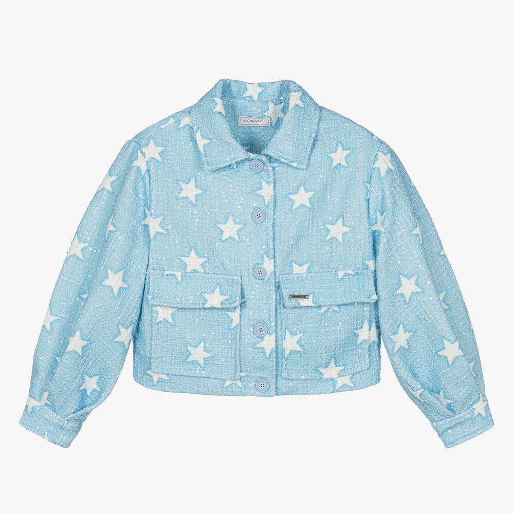 Monnalisa - Teen Girls Blue Tweed Sequin Stars Jacket | Childrensalon