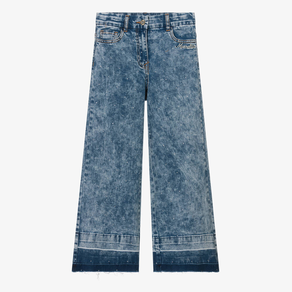 Shop Monnalisa Teen Girls Blue Wide-leg Denim Diamanté Jeans