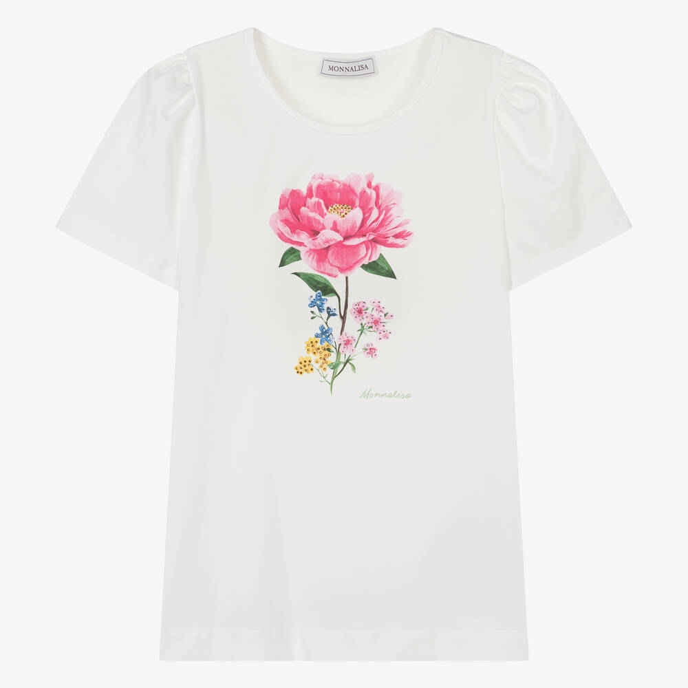 Monnalisa Teen Girls Ivory Cotton Flower T-shirt