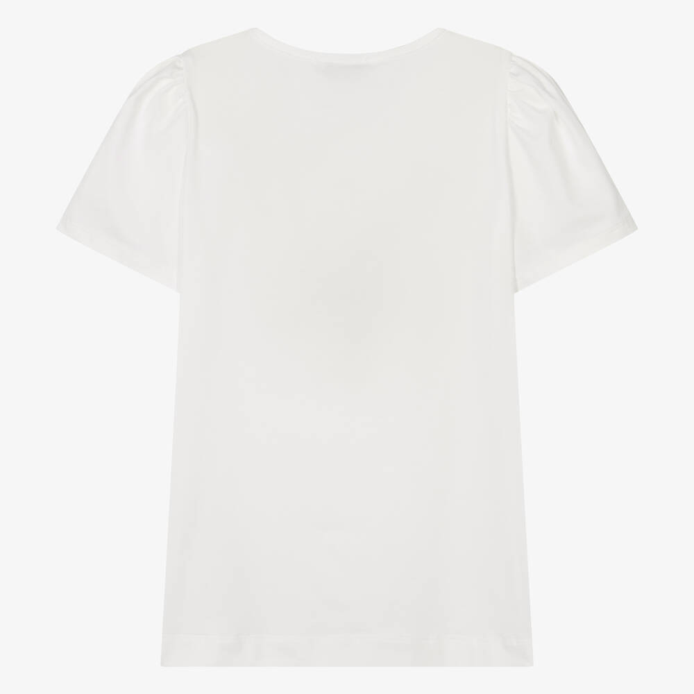 Monnalisa - Teen Girls Ivory Cotton Flower T-Shirt | Childrensalon