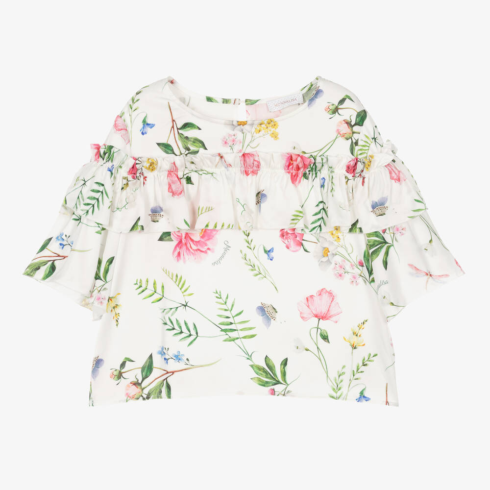 Monnalisa Chic - Кремовая атласная блузка с цветами для девочек-подростков | Childrensalon