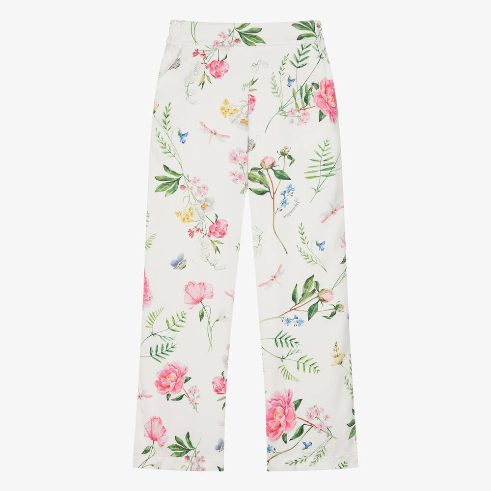 Monnalisa - Кремовые атласные брюки с цветами для девочек-подростков | Childrensalon