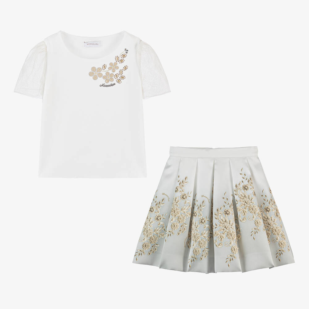 Monnalisa - Teen Girls Ivory & Gold Floral Skirt Set | Childrensalon