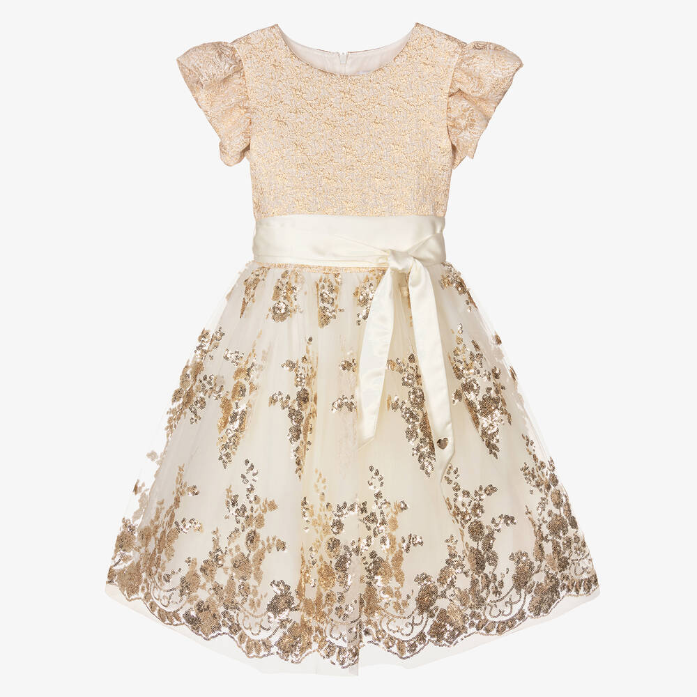 Monnalisa - Teen Girls Ivory & Gold Sequin Dress | Childrensalon