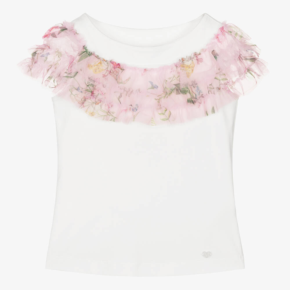 Monnalisa Chic - Teen Girls Ivory & Pink Floral Tulle T-Shirt | Childrensalon