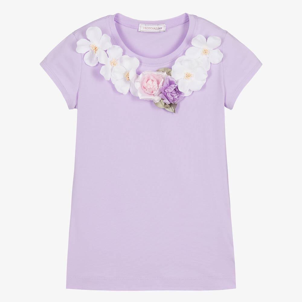 Monnalisa Teen Girls Lilac Cotton Floral Appliqué T-shirt In Purple