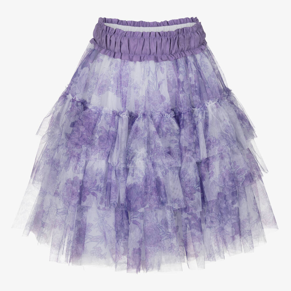 Monnalisa Chic - Teen Girls Lilac Floral Tiered Tulle Skirt | Childrensalon