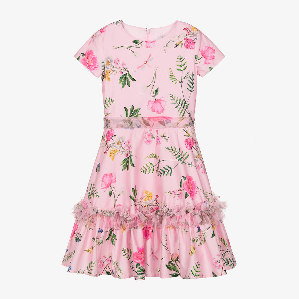 Monnalisa Chic - Розовое хлопковое платье с цветами для подростков | Childrensalon