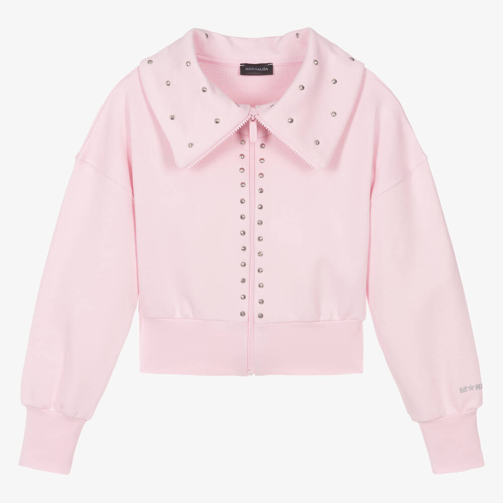 Monnalisa - Teen Girls Pink Studded Cotton Zip-Up Top | Childrensalon