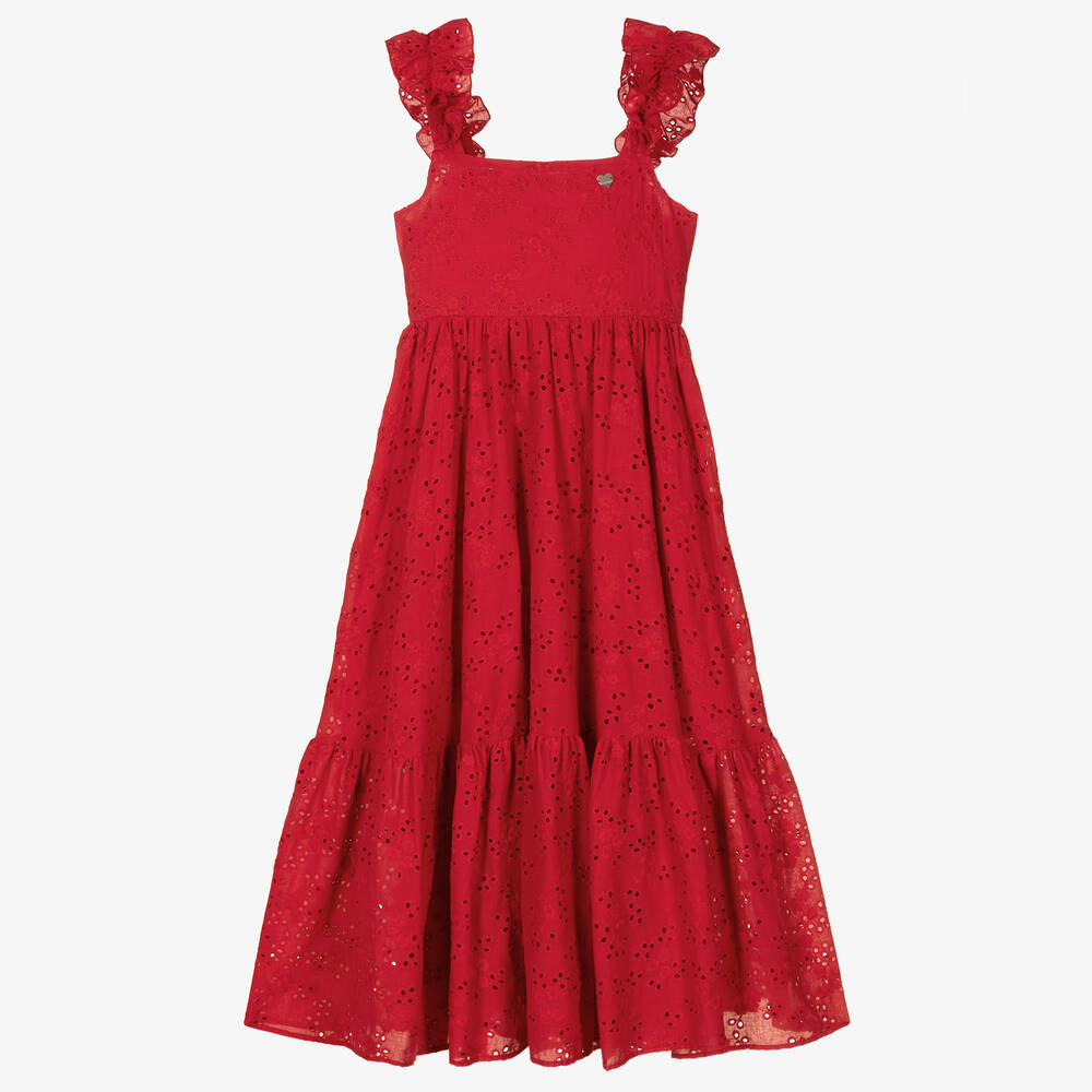Monnalisa - Teen Girls Red Broderie Anglaise Dress | Childrensalon
