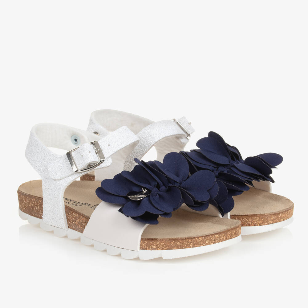 Monnalisa - Teen Girls White & Blue Flower Sandals | Childrensalon